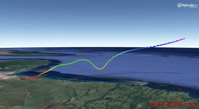1722航班升空后掉高事件漂荡轨迹默示（Flightradar24）